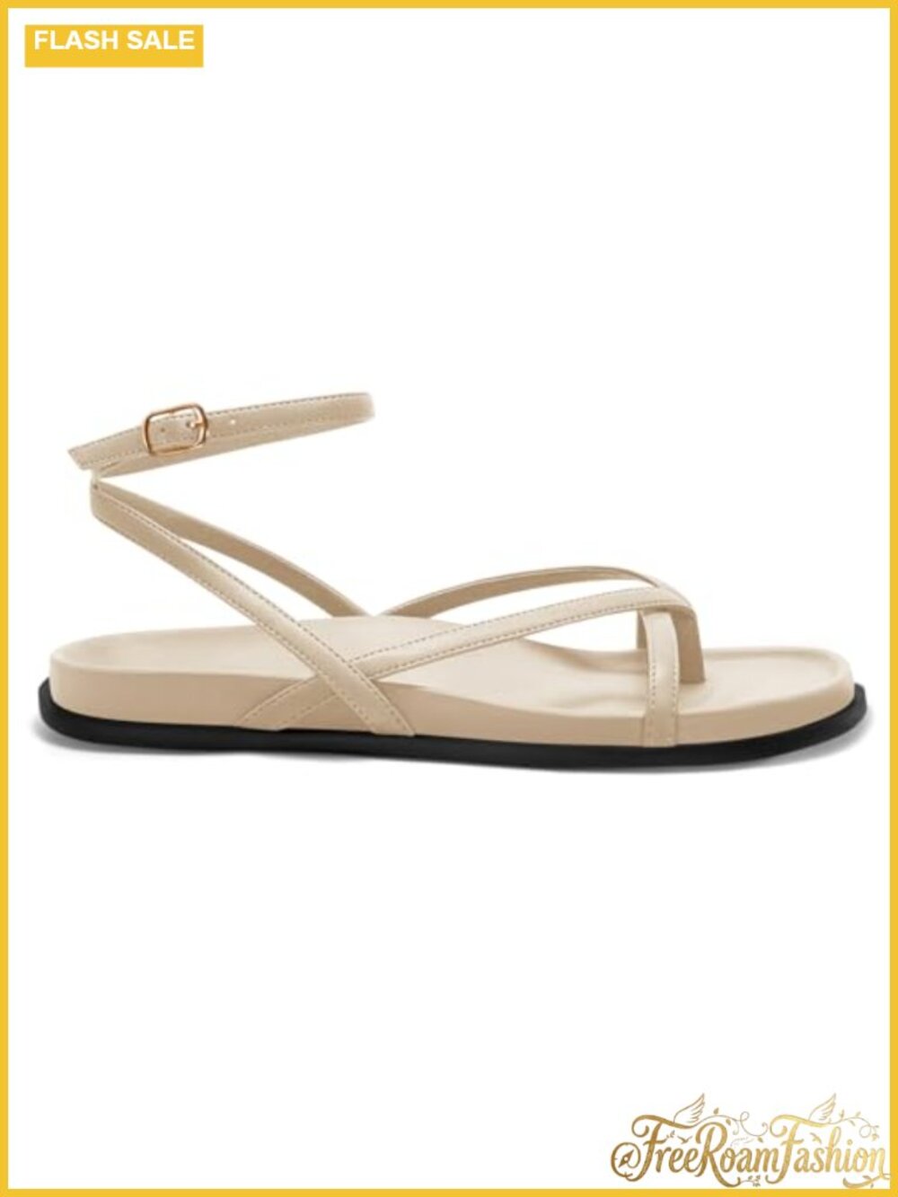 Strappy Flat Sandals PU Thong Ankle Strap Round Toe Comfort Beach